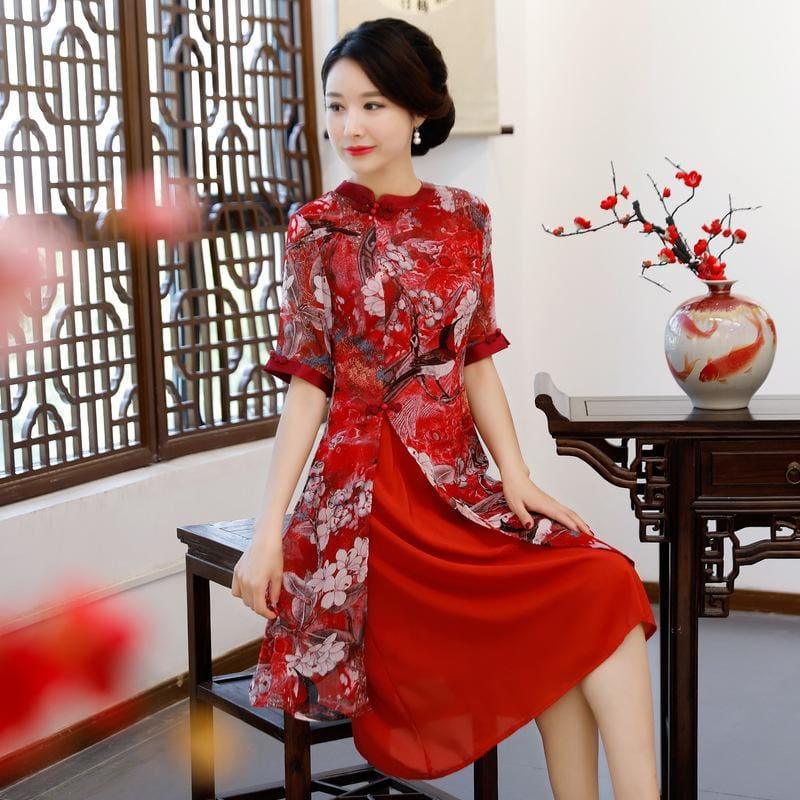 Vintage Rayon Traditional Simple Lady Floral Qipao Summer Sexy Short Cheongsam Midi Dress - Midi Dress