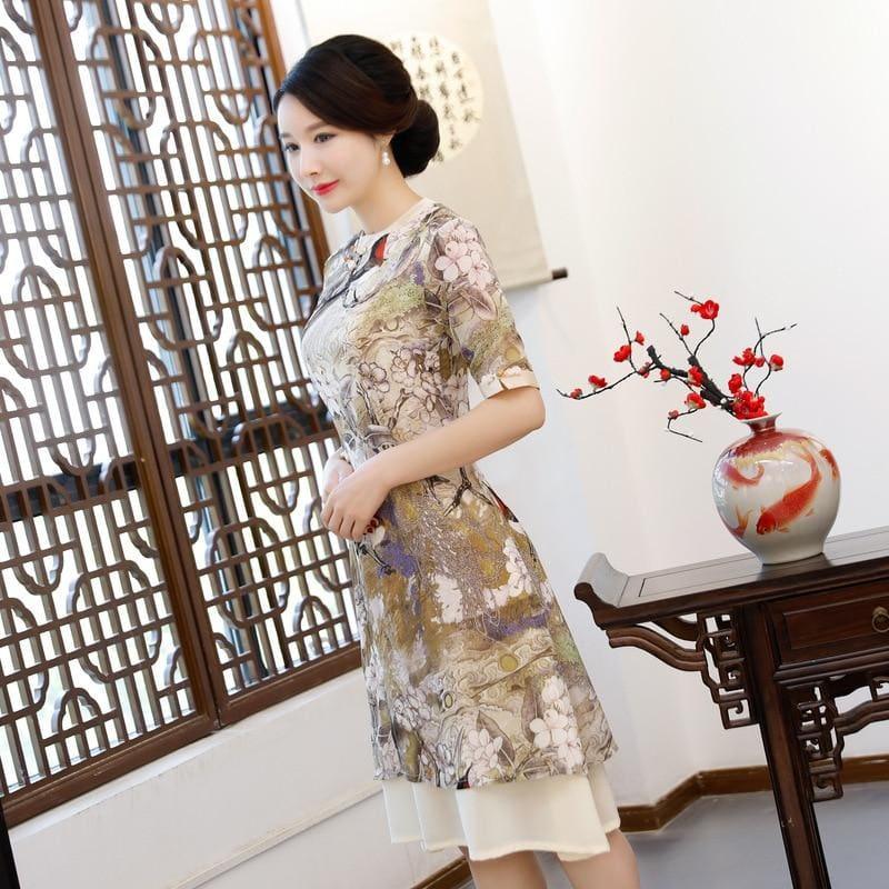 Vintage Rayon Traditional Simple Lady Floral Qipao Summer Sexy Short Cheongsam Midi Dress - Midi Dress