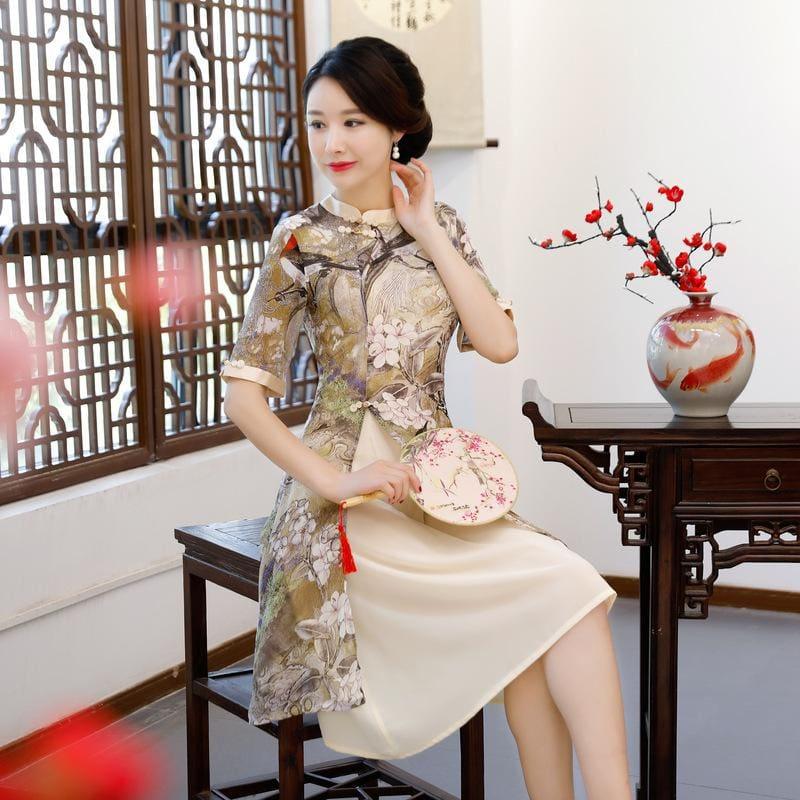 Vintage Rayon Traditional Simple Lady Floral Qipao Summer Sexy Short Cheongsam Midi Dress - Midi Dress