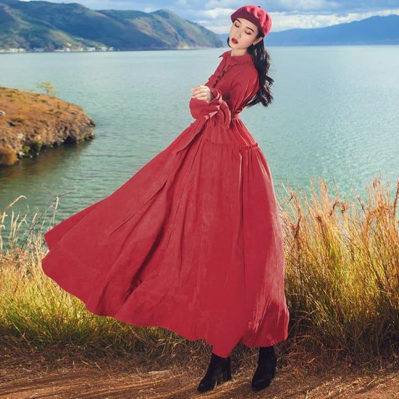 Vintage Red Corduroy A-Line Maxi Shirt Dress With Belt - Burgundy / L - Maxi Dress