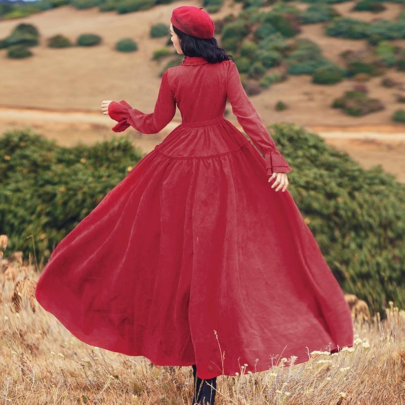 Vintage Red Corduroy A-Line Maxi Shirt Dress With Belt - Maxi Dress