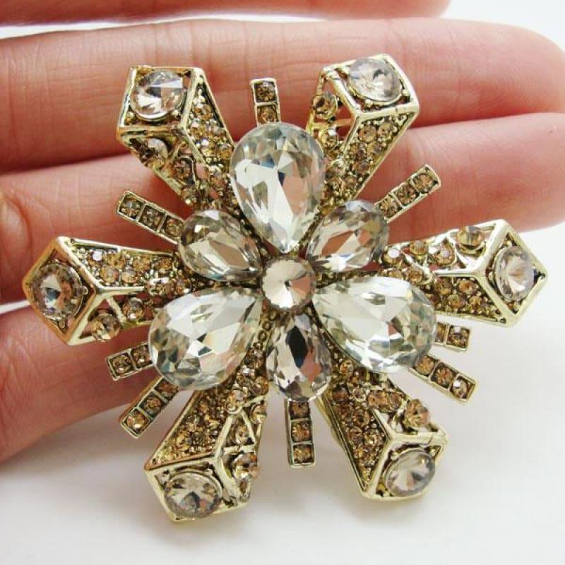 Vintage Retro Brown Snowflake Flower Pendant Gold-Tone Brooch Pin Austria Crystal - brooch