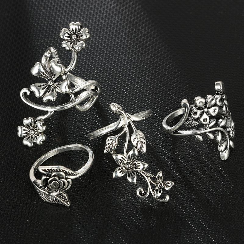 Vintage Rose Flower Bohemia Antique Silver Ring Set