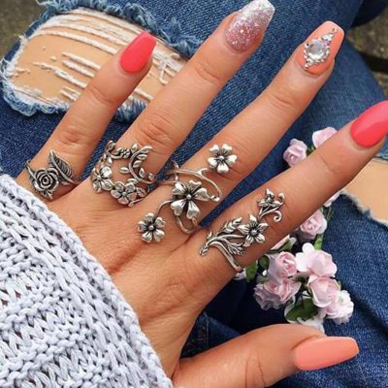 Vintage Rose Flower Bohemia Antique Silver Ring Set