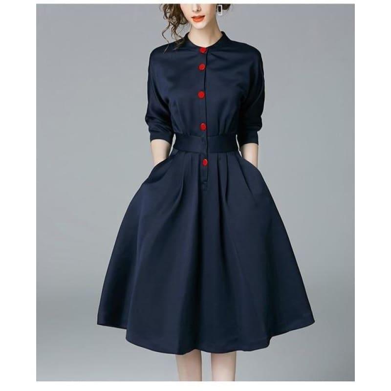 Vintage Slim Three Quarter Sleeve A Line Elegant Midi Dress - Black / S - midi dress