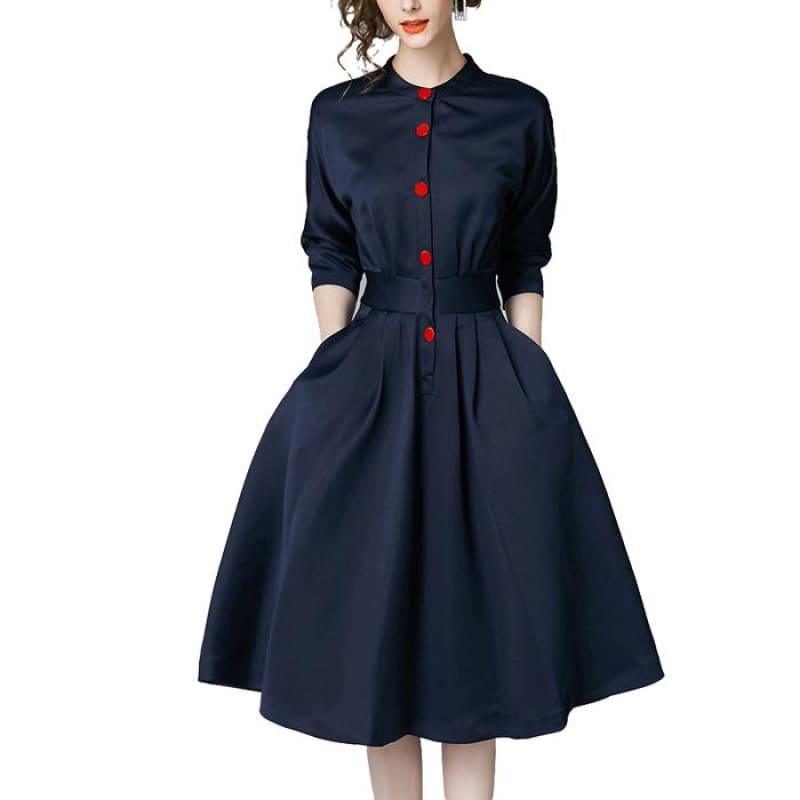 Vintage Slim Three Quarter Sleeve A Line Elegant Midi Dress - Midi Dress