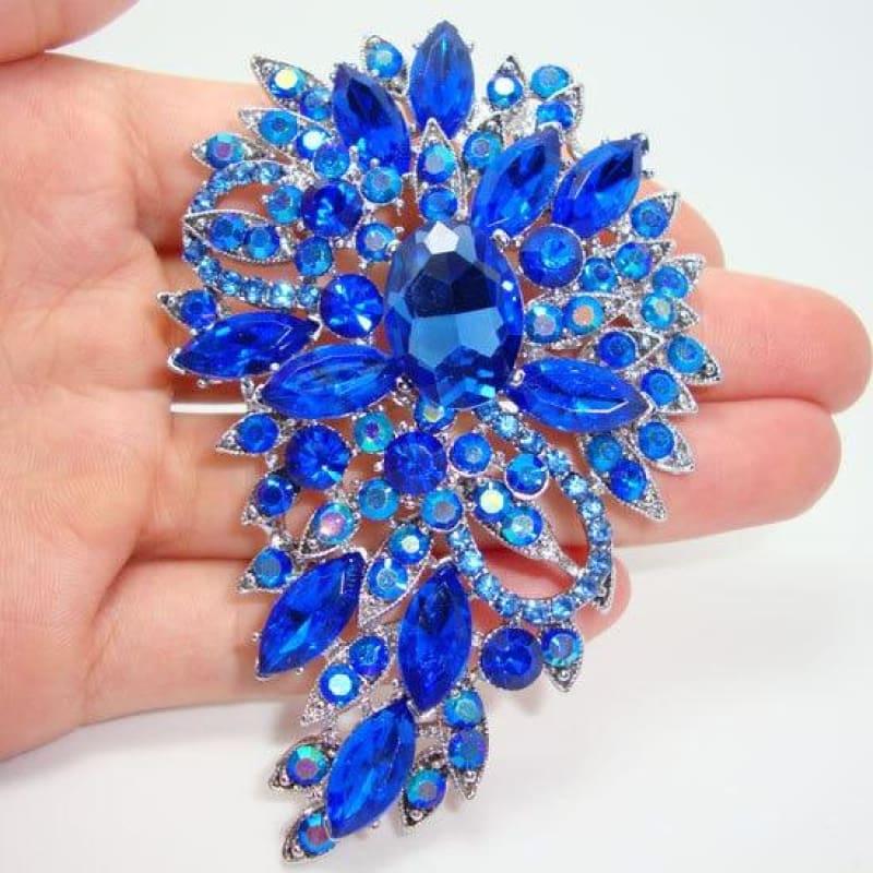 Vintage Style Flower Oval Brooch Pin Rhinestone Crystal Blue Pendant - Brooch