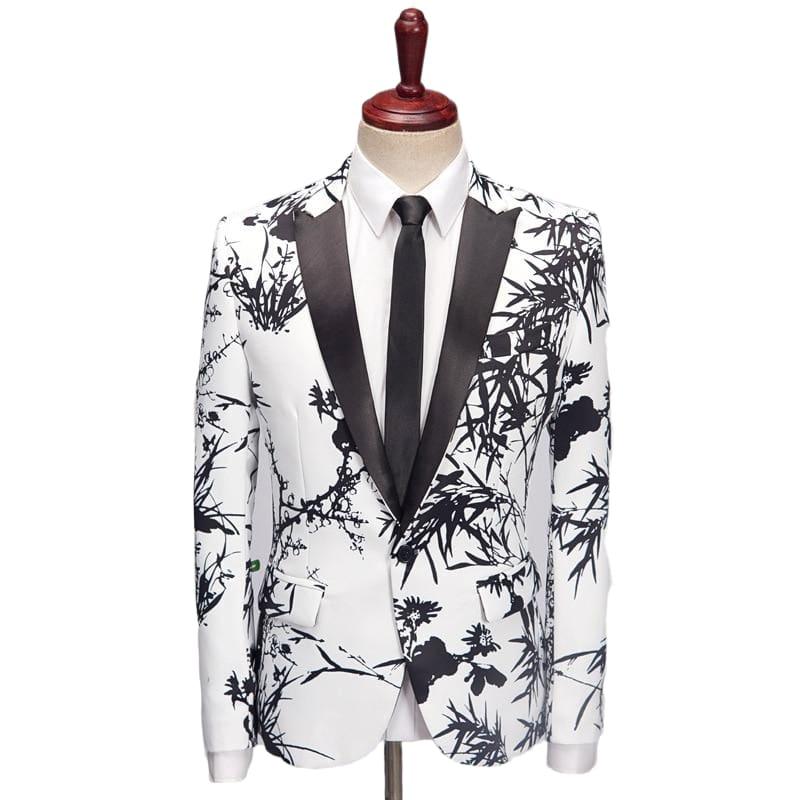 Vintage White Black Bamboo Print Blazer Tuxedo Blazer Jackets - mens jackets