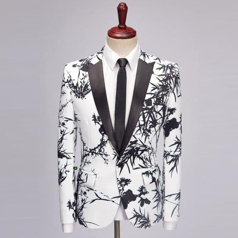 Vintage White Black Bamboo Print Blazer Tuxedo Blazer Jackets - Black White / XXXL - mens jackets