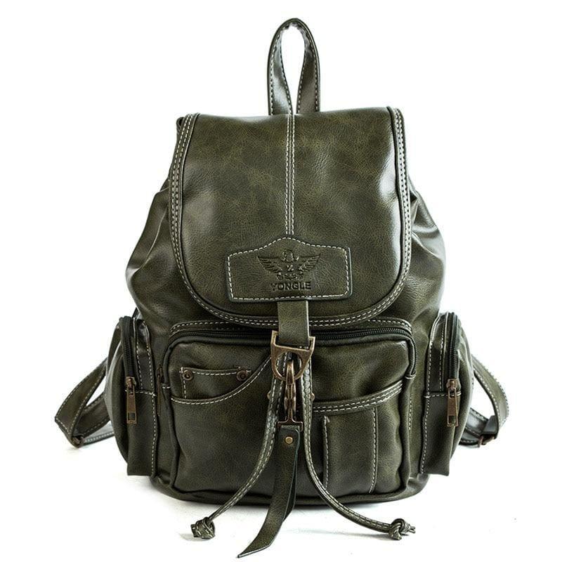 Vintage Women Backpack Leather Black Drawstring Bag - Green - HandBag