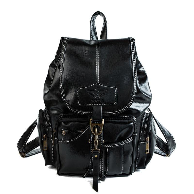 Vintage Women Backpack Leather Black Drawstring Bag - Black - HandBag