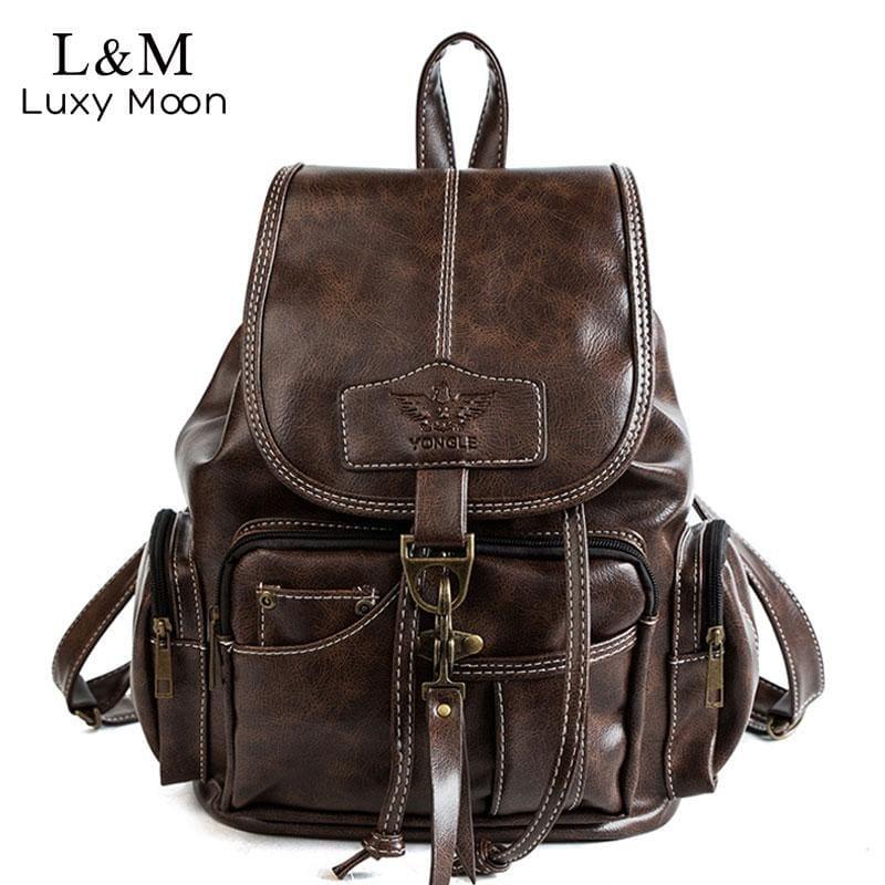 Vintage Women Backpack Leather Black Drawstring Bag - HandBag