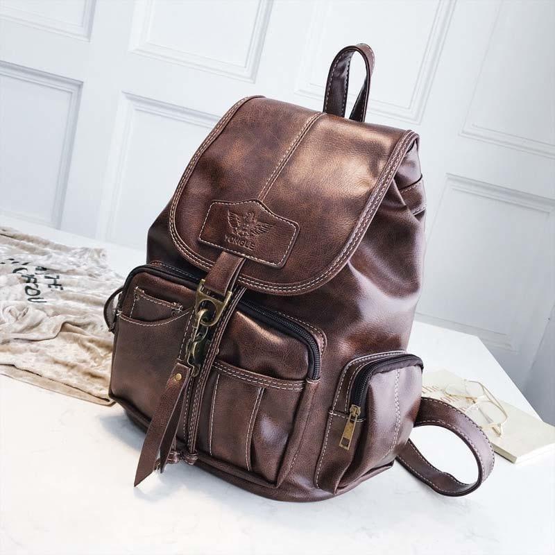 Vintage Women Backpack Leather Black Drawstring Bag - HandBag