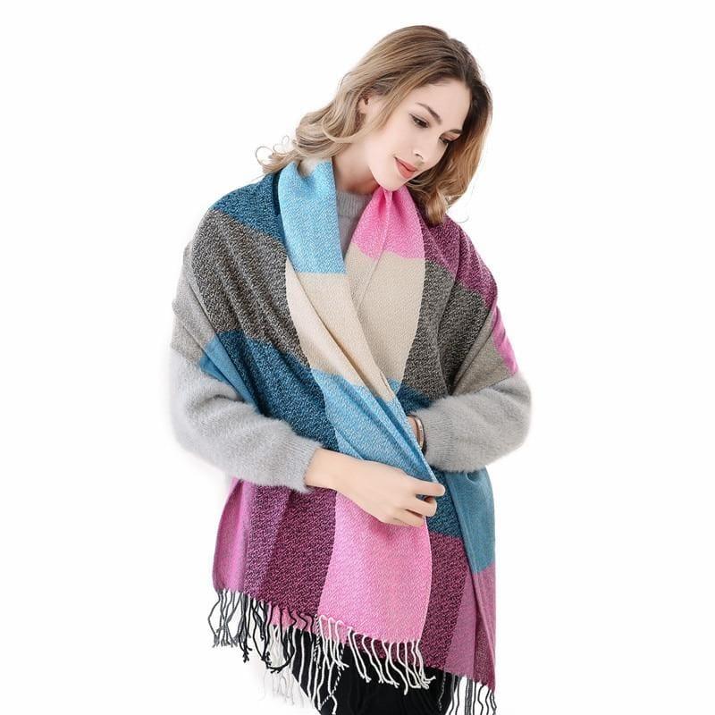 Warm Big Long Scarf Female Luxury Plaid Cashmere Scarf - Light Blue - Scarf