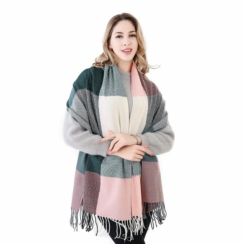 Warm Big Long Scarf Female Luxury Plaid Cashmere Scarf - Pink Green - Scarf