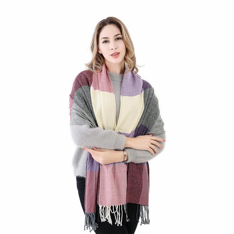 Warm Big Long Scarf Female Luxury Plaid Cashmere Scarf - Purple Pink - Scarf