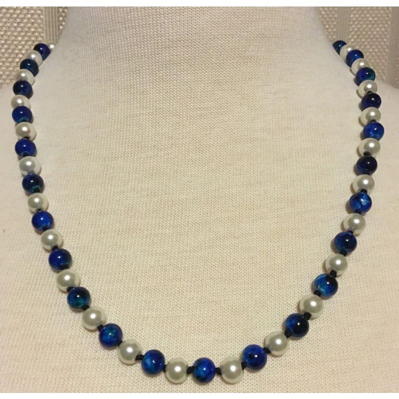 White and Blue Glass Pearls Womens Necklace. - Handmade