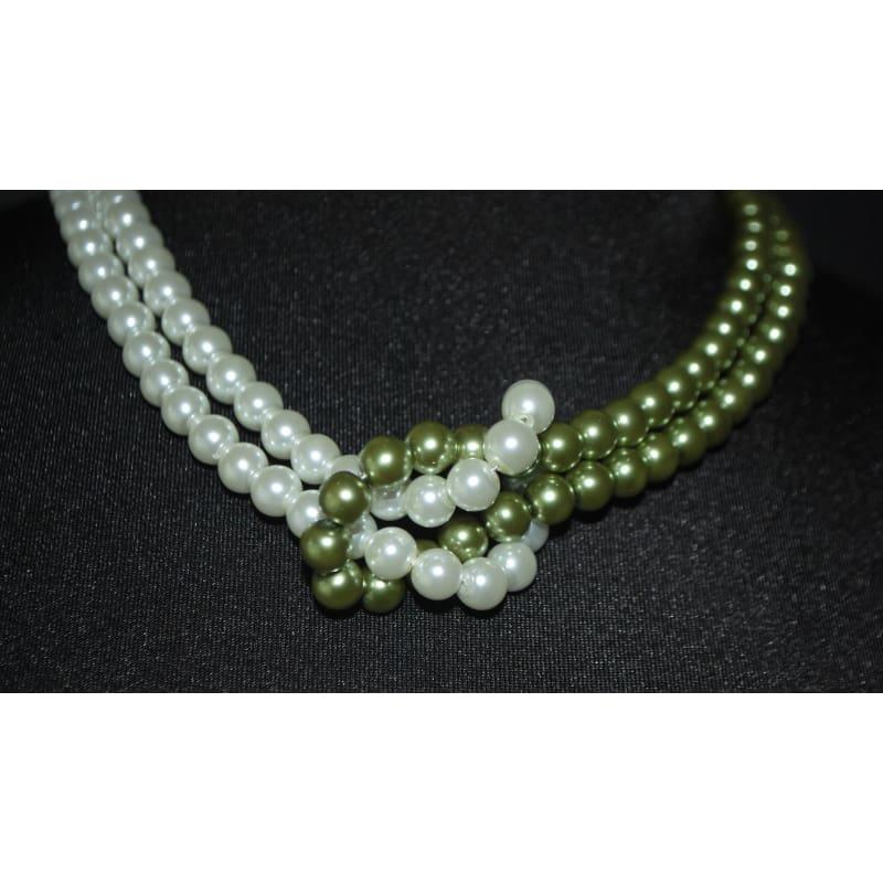 White and green Inter loop Glass Pearls Womens Necklace. - Handmade