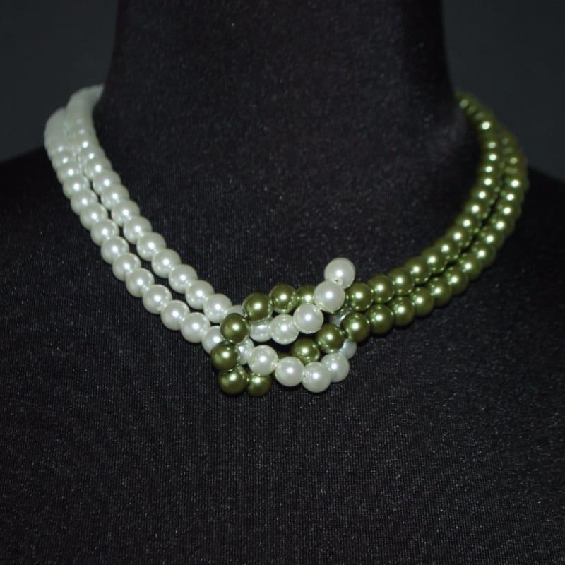 White And Green Inter Loop Glass Pearls Womens Necklace. - Handmade