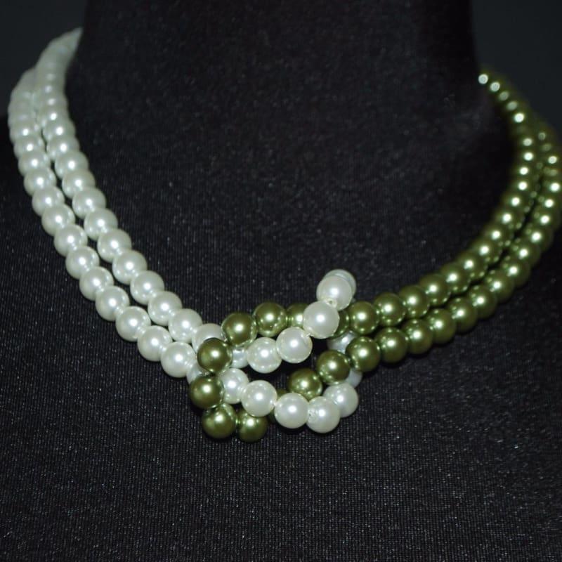 White And Green Inter Loop Glass Pearls Womens Necklace. - Handmade
