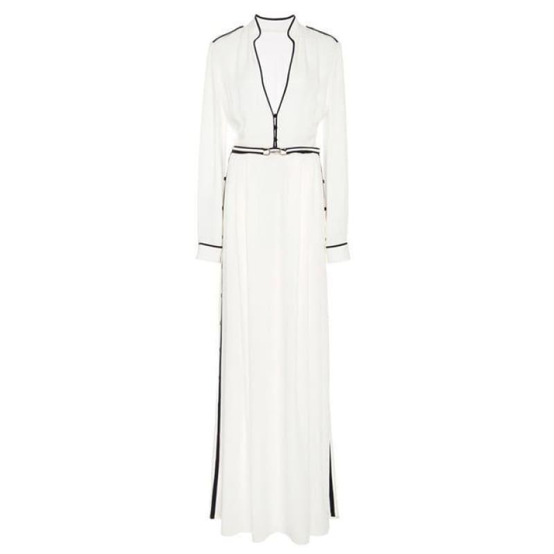 White Chiffon V Neck Lace Up High Waist Split X Long Spring Fashion Elegant Maxi Dress - white / L - Maxi Dress