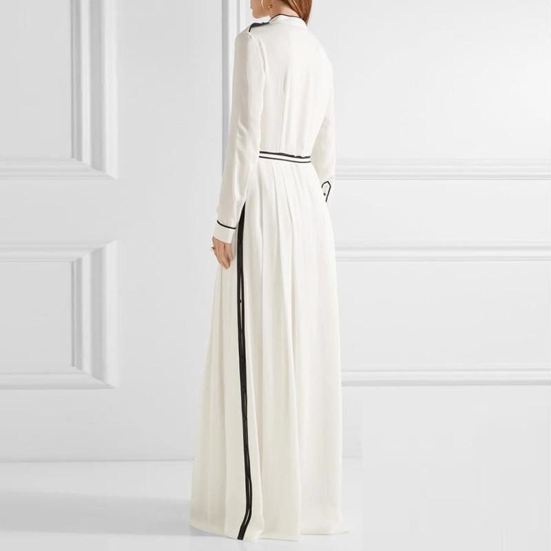 White Chiffon V Neck Lace Up High Waist Split X Long Spring Fashion Elegant Maxi Dress - Maxi Dress