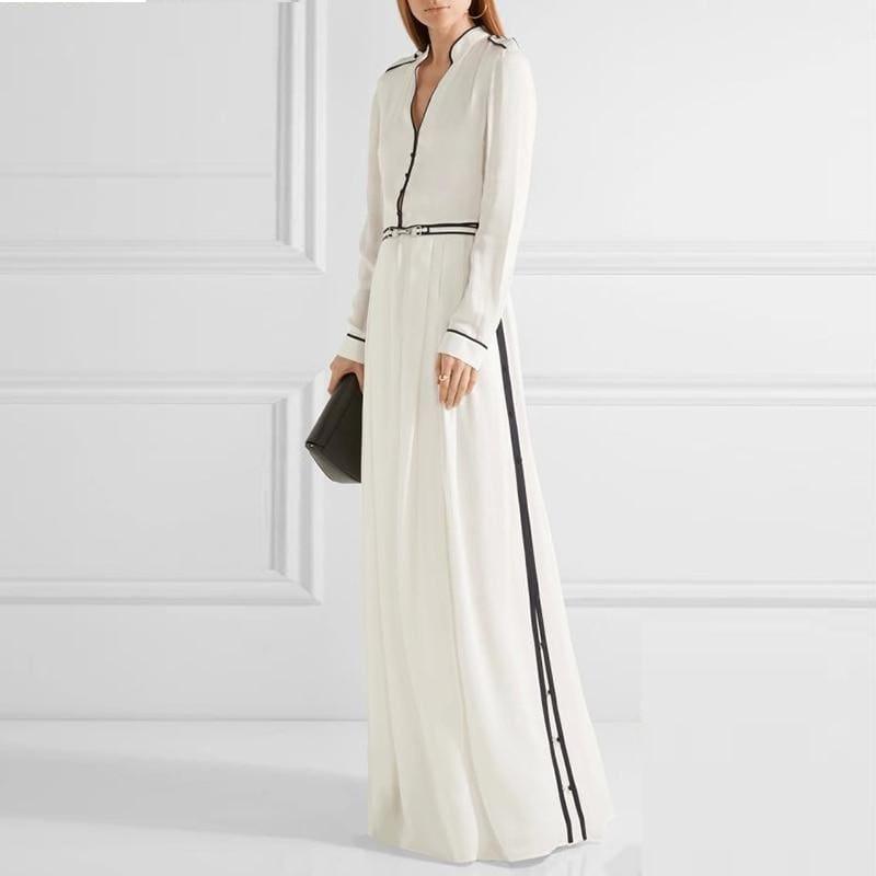 White Chiffon V Neck Lace Up High Waist Split X Long Spring Fashion Elegant Maxi Dress - Maxi Dress