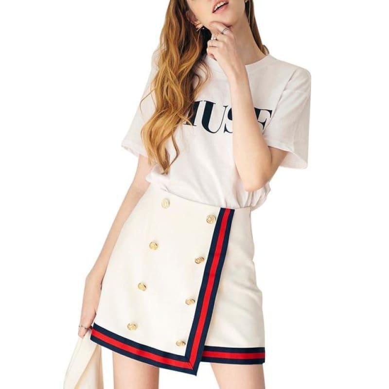 White Color Block Edgy Mini High Waist Double Breasted Preppy Style A-Line Skirts - White / L - Skirts