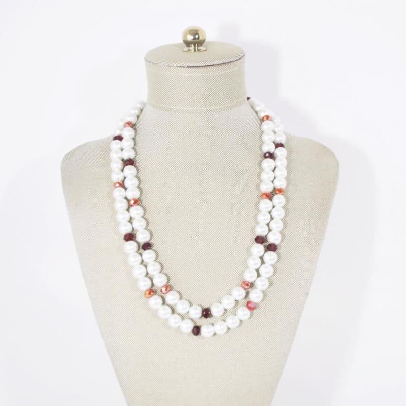 White Double Strands Glass Pearls With Red Crystal Ascent Necklace - Handmade