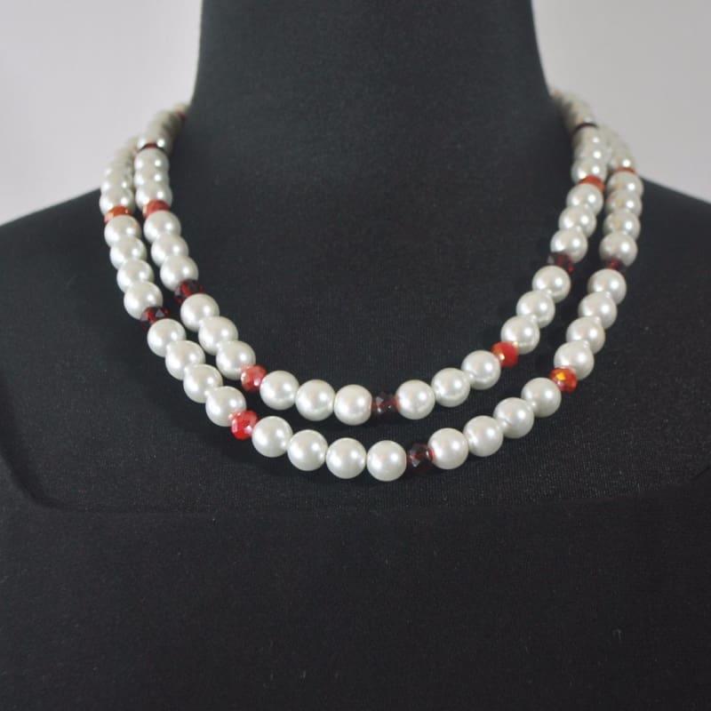 White Double Strands Glass Pearls With Red Crystal Ascent Necklace - Handmade