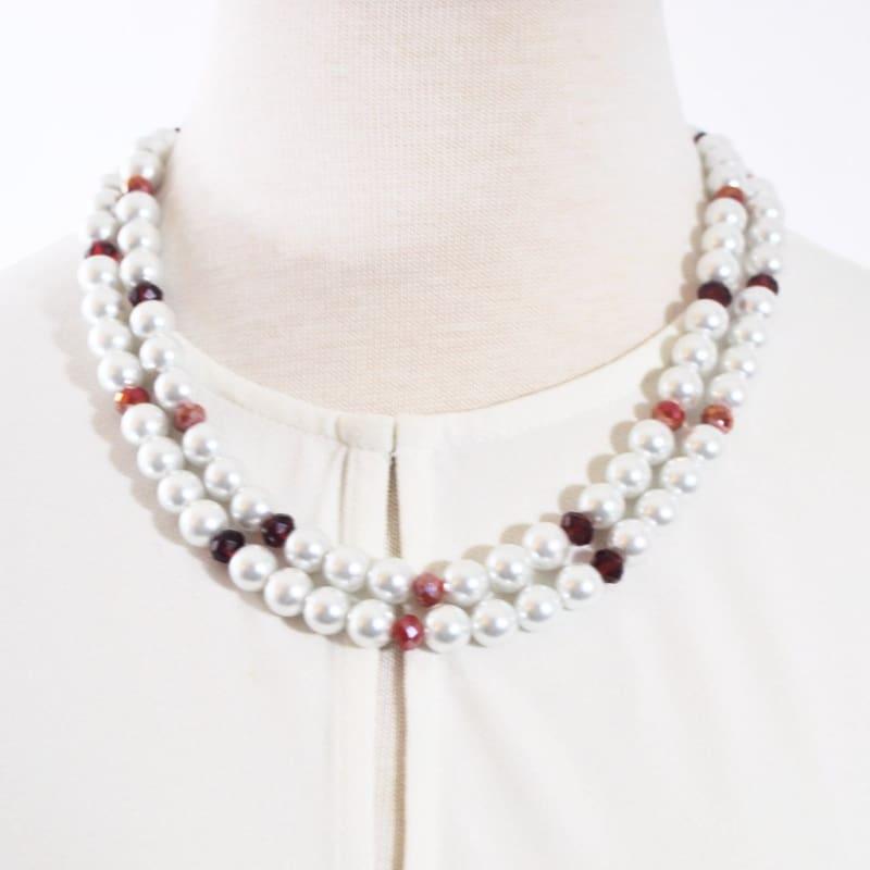 White Double Strands Glass Pearls With Red Crystal Ascent Necklace - Handmade