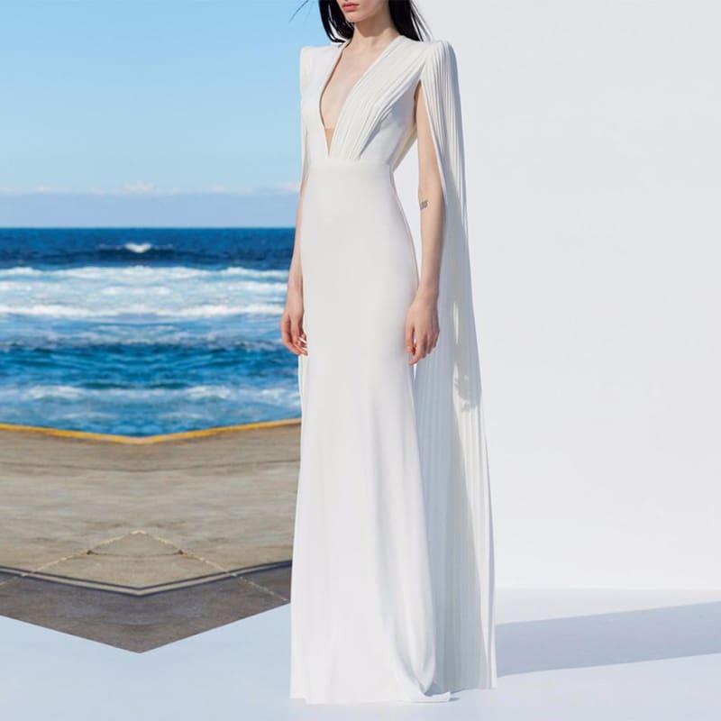 White Elegant Formal Bodycon Sexy Deep V Batwing Sleeve Ball Gown Maxi Dress - Gown