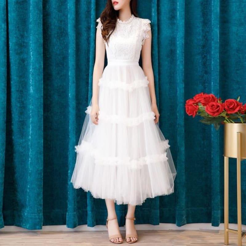White Elegant Sleeveless High Waist Lace Summer Midi Dress - White / L - Midi Dress