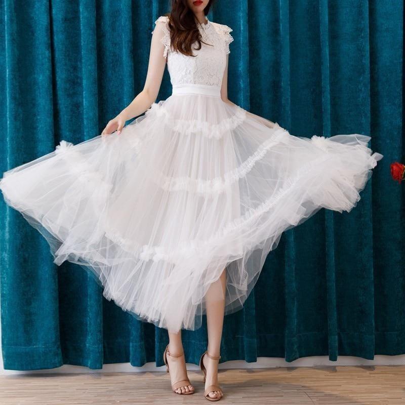 White Elegant Sleeveless High Waist Lace Summer Midi Dress - Midi Dress