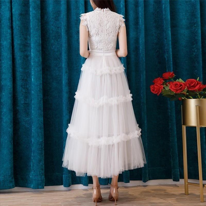 White Elegant Sleeveless High Waist Lace Summer Midi Dress - Midi Dress