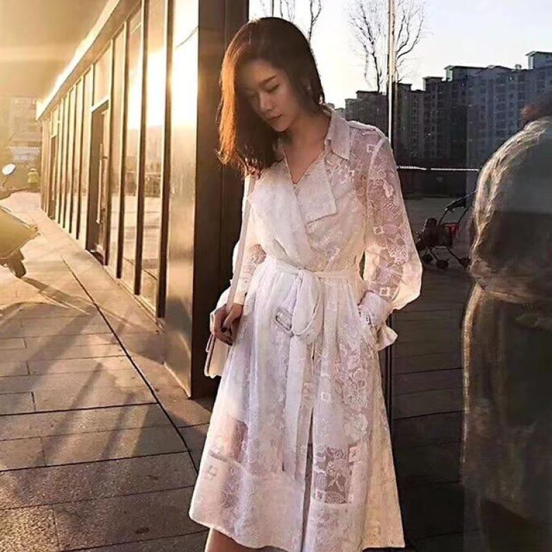 White Embroidery Lace High Waist Long Sleeve Dress - white / L - Knee Length
