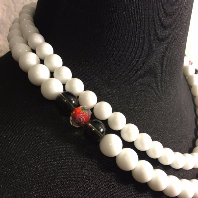 White Jade Double Strand With Lampwork Ascent Necklace. - Handmade