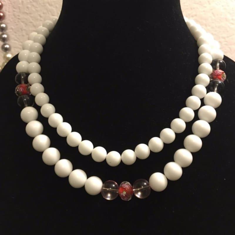 White Jade Double Strand With Lampwork Ascent Necklace. - Handmade