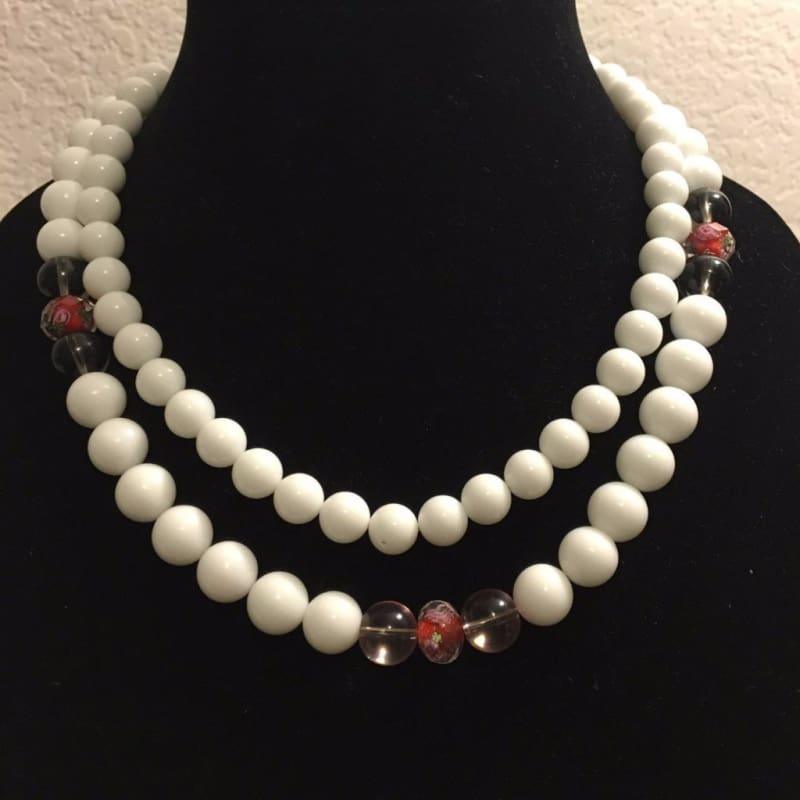 White Jade Double Strand With Lampwork Ascent Necklace. - Handmade