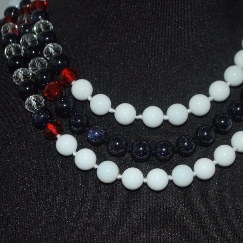 White Jade / Galaxy Blue Triple Strands Womens Necklace. - Handmade