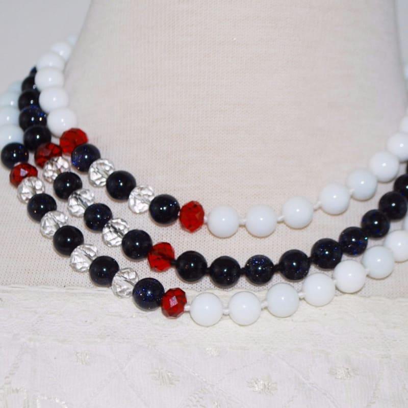 White Jade / Galaxy Blue Triple Strands Womens Necklace. - Handmade