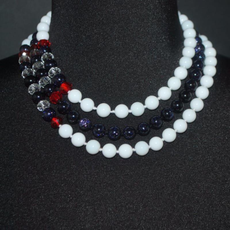 White Jade / Galaxy Blue Triple Strands Womens Necklace. - Handmade