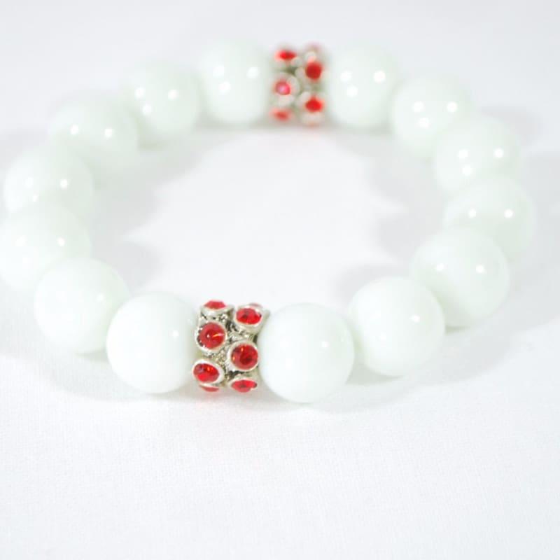 White Jade Gemstone With Red Rhinestone Stretch Bracelets - Handmade