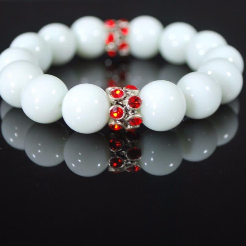 White Jade Gemstone With Red Rhinestone Stretch Bracelets - Handmade