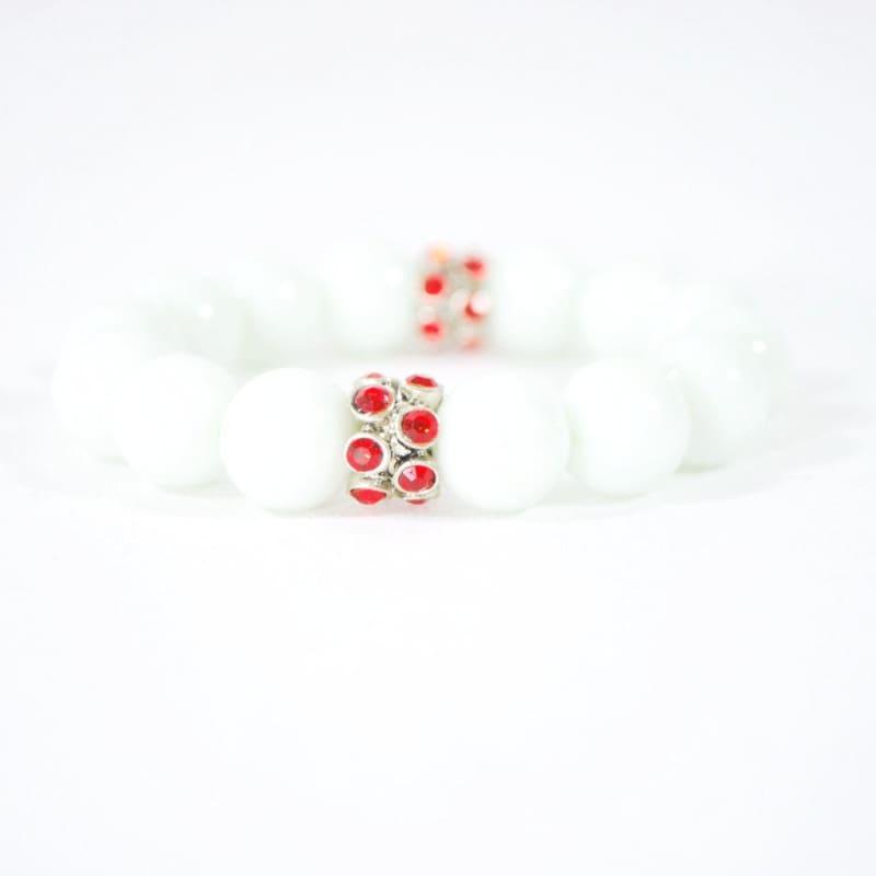 White Jade Gemstone With Red Rhinestone Stretch Bracelets - Handmade