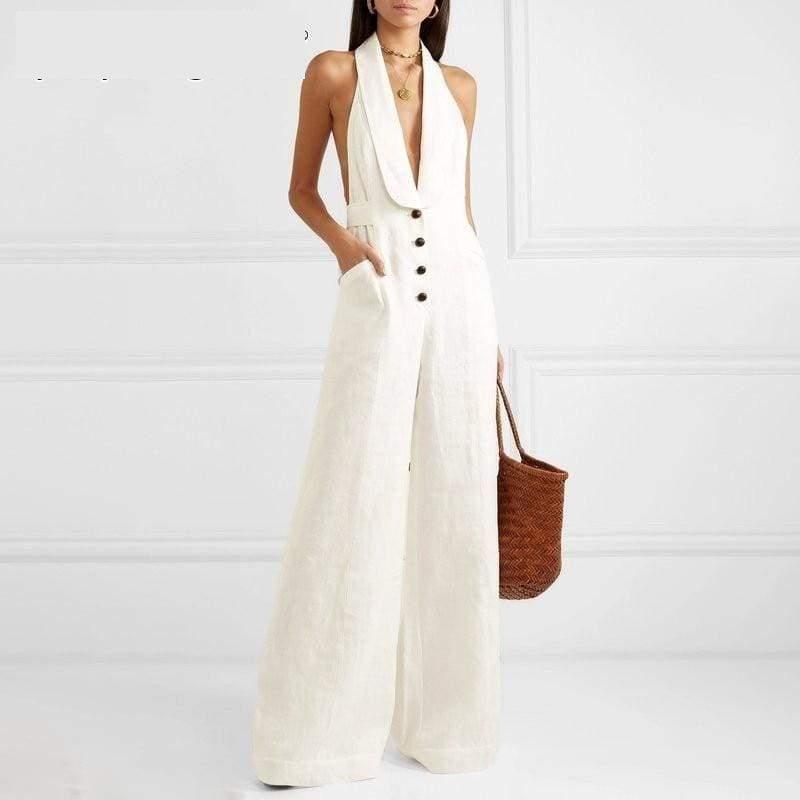 White Linen Sexy Halter Button High Waist Wide Leg Jumpsuit - Jumpsuit