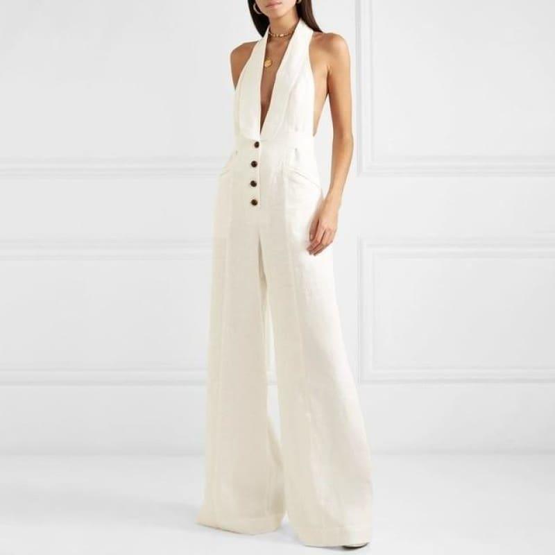 White Linen Sexy Halter Button High Waist Wide Leg Jumpsuit - White / L - Jumpsuit