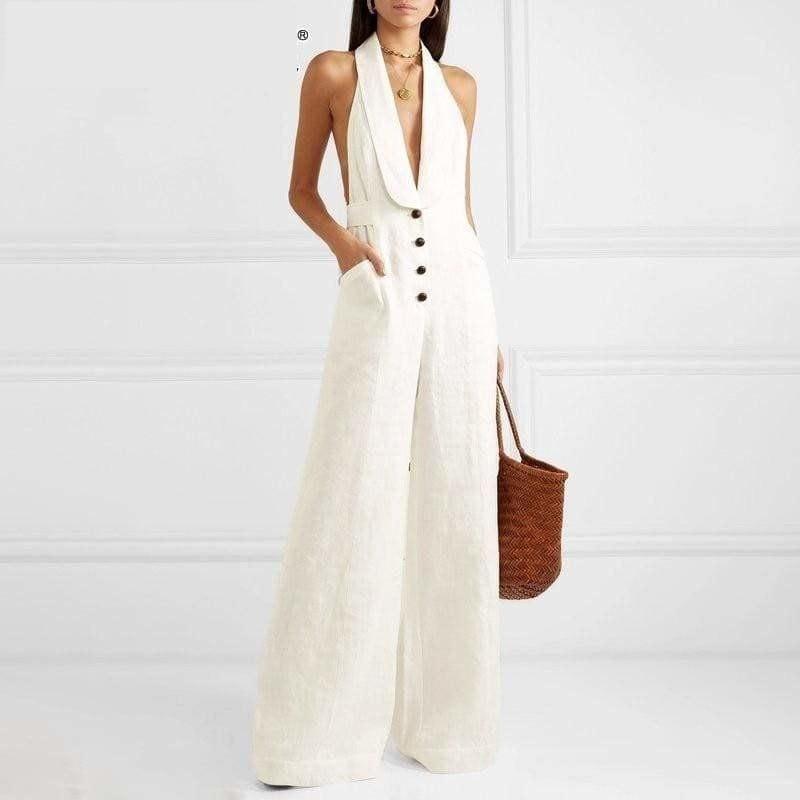 White Linen Sexy Halter Button High Waist Wide Leg Jumpsuit - Jumpsuit