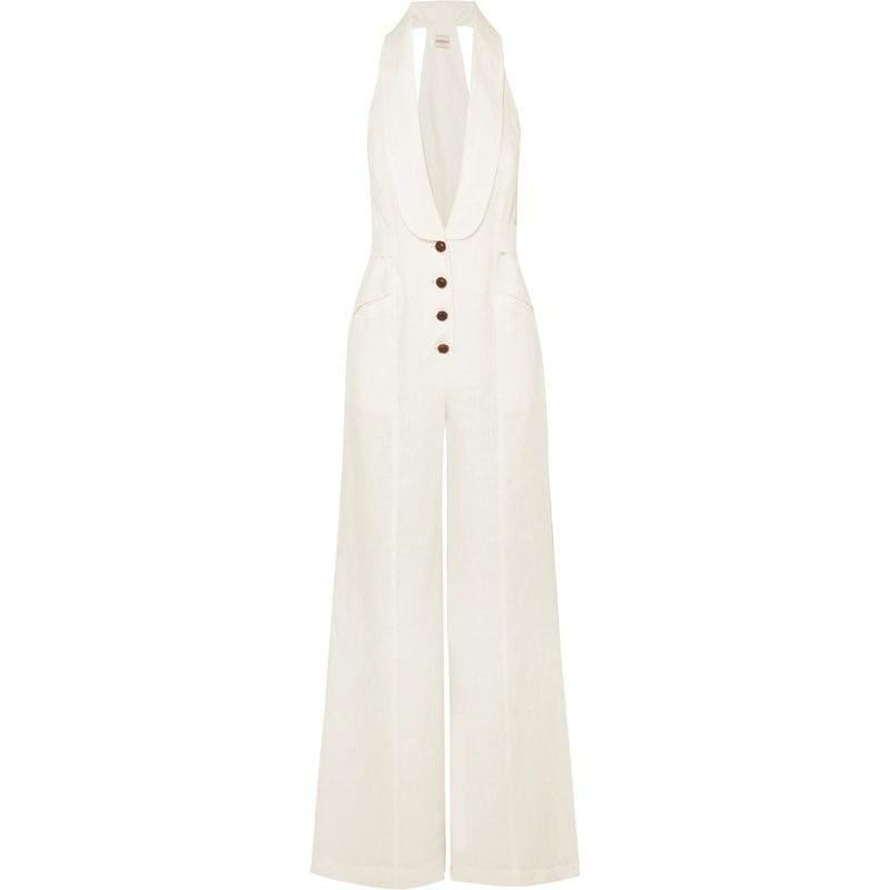 White Linen Sexy Halter Button High Waist Wide Leg Jumpsuit - Jumpsuit