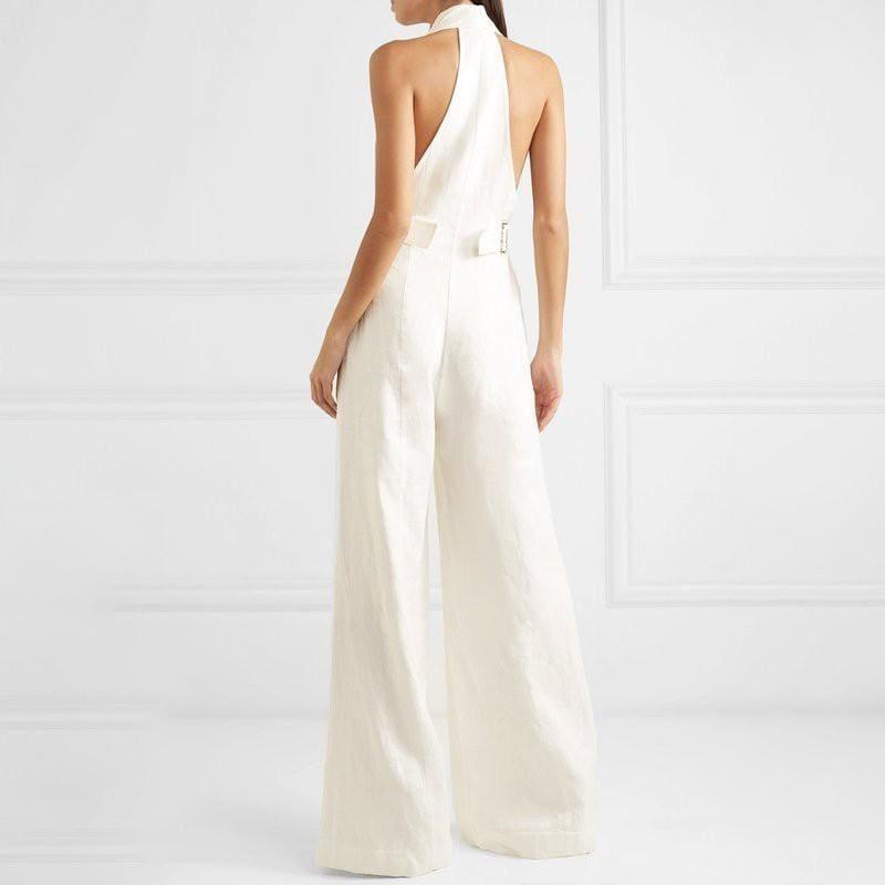 White Linen Sexy Halter Button High Waist Wide Leg Jumpsuit - Jumpsuit